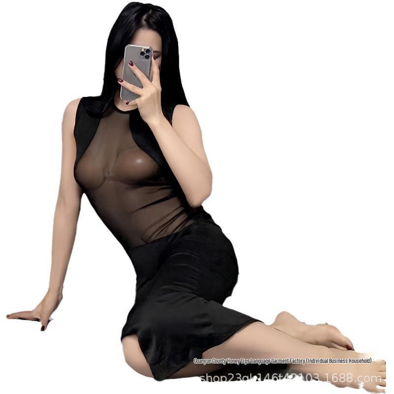 

Соблазнительное макси-платье с сетчатыми вставками: Прозрачный длинный рукав, разрез, облегающий крой, вырезы на теле, для клубной одежды One Size чёрный