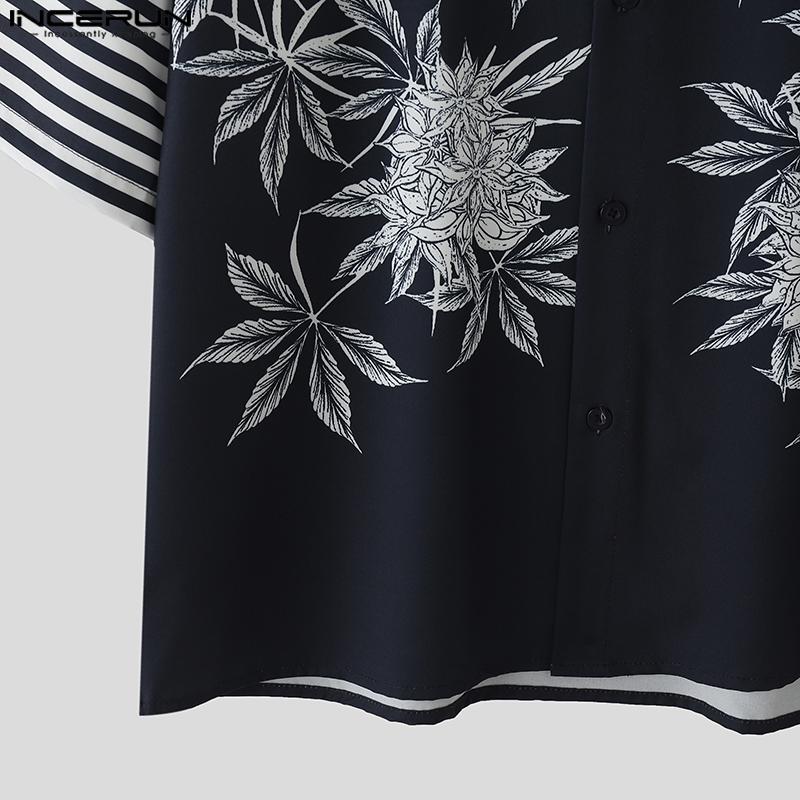 INCERUN Oversized Men Lapel Short Sleeve Floral Striped Casual Loose Shirts