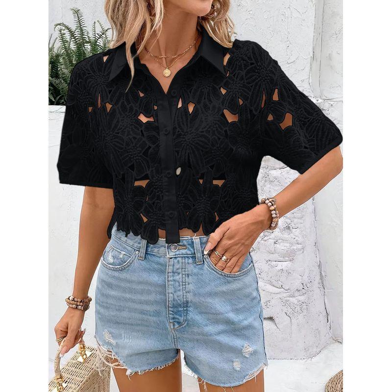 

European and American Fashion White Lace Crochet Hollow Short Lapel Single-Breasted Leisure Short sleeve Shirts Top Holiday Style Black L