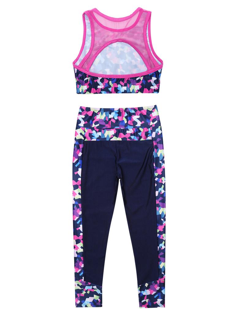 2Pcs Elastic Waistband Long Leggings Pants + Sleeveless Mesh Racer Back Tanks Tops Digital Print Gym Dancewear Outfit
