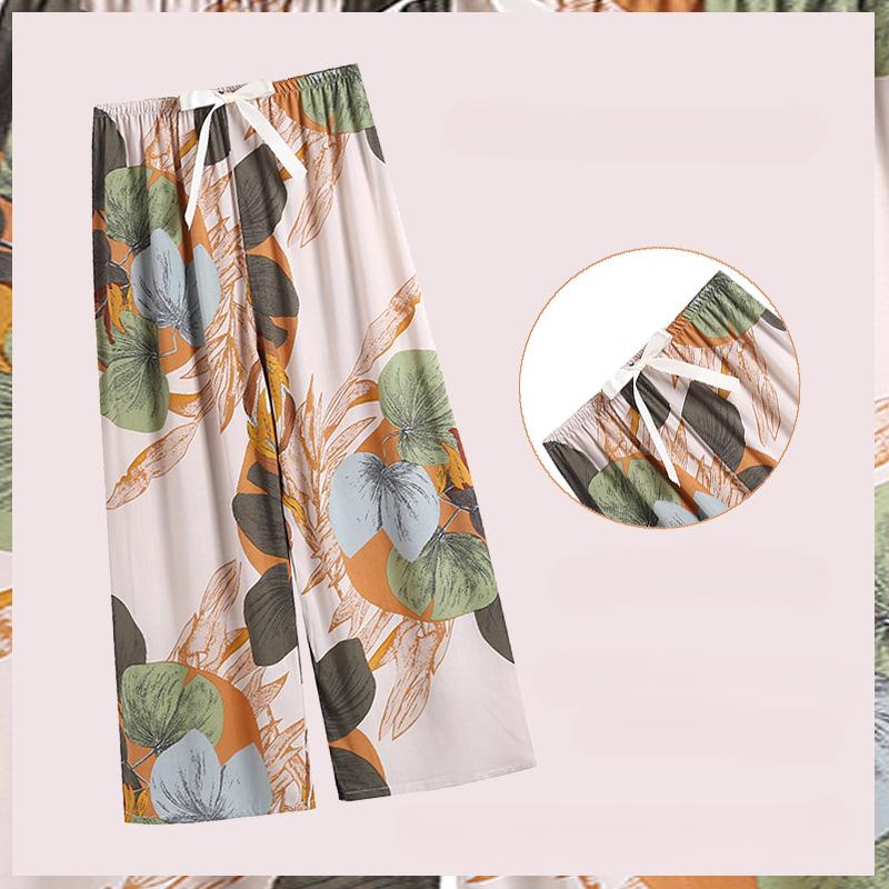 Women's Pajama Bottoms Floral Print Cuff Pants Wide Leg Pj Pants Elastic Waist Sleep Pants Loungewear Nightwear