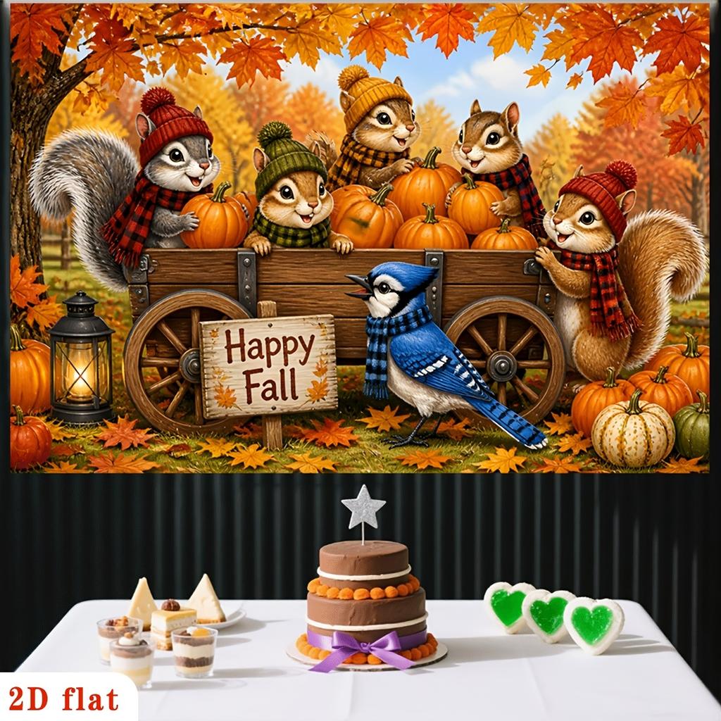 2D Plane, a Fall-themed Banner, Featuring a Wooden Carriage and Cartoon Squirrels