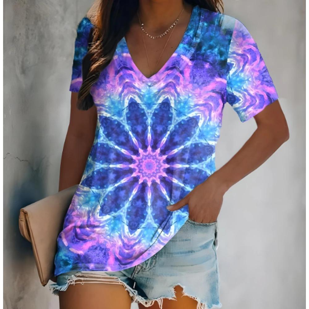 Women Summer T Shirt Abstract Pattern Print Short Sleeve Tees Casual Printed Tops