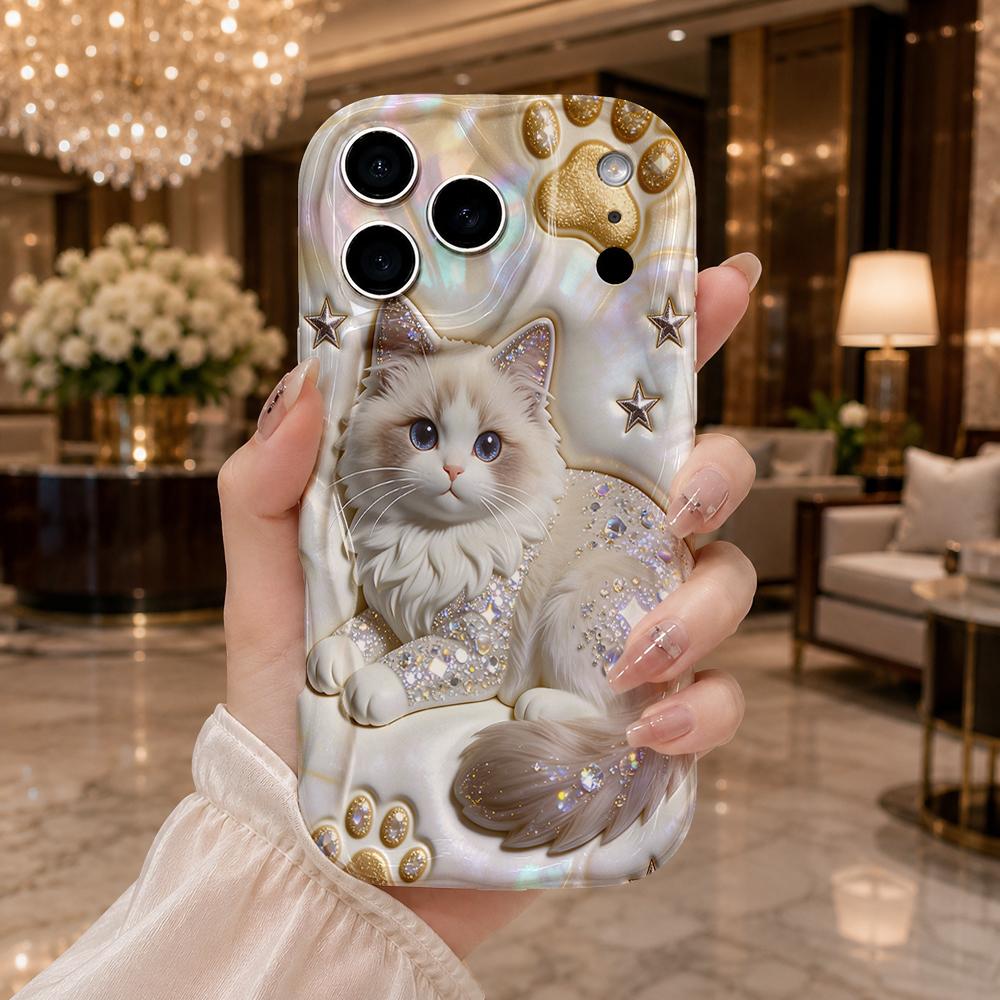 Full Rhinestone Ragdoll Cat Paw Star Wavy Edge Phone Case For iPhone 17 16 15 14 13 12 11 8 7 Plus Pro Max Bling Pet Cover