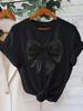 Sparkling Black Bow Print Women T-Shirt Short Sleeve Casual Crew Neck Rhinestone Detail Ideal for All Seasons Women Clothes
