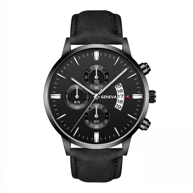 Men'S Fake Three-Eye Belt Calendar Casual Fashion Business Quartz Belt Watch