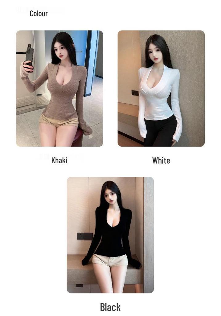 Women’s Deep V Slim Fit Long Sleeve Top - Sexy Brushed Base Layer T-shirt