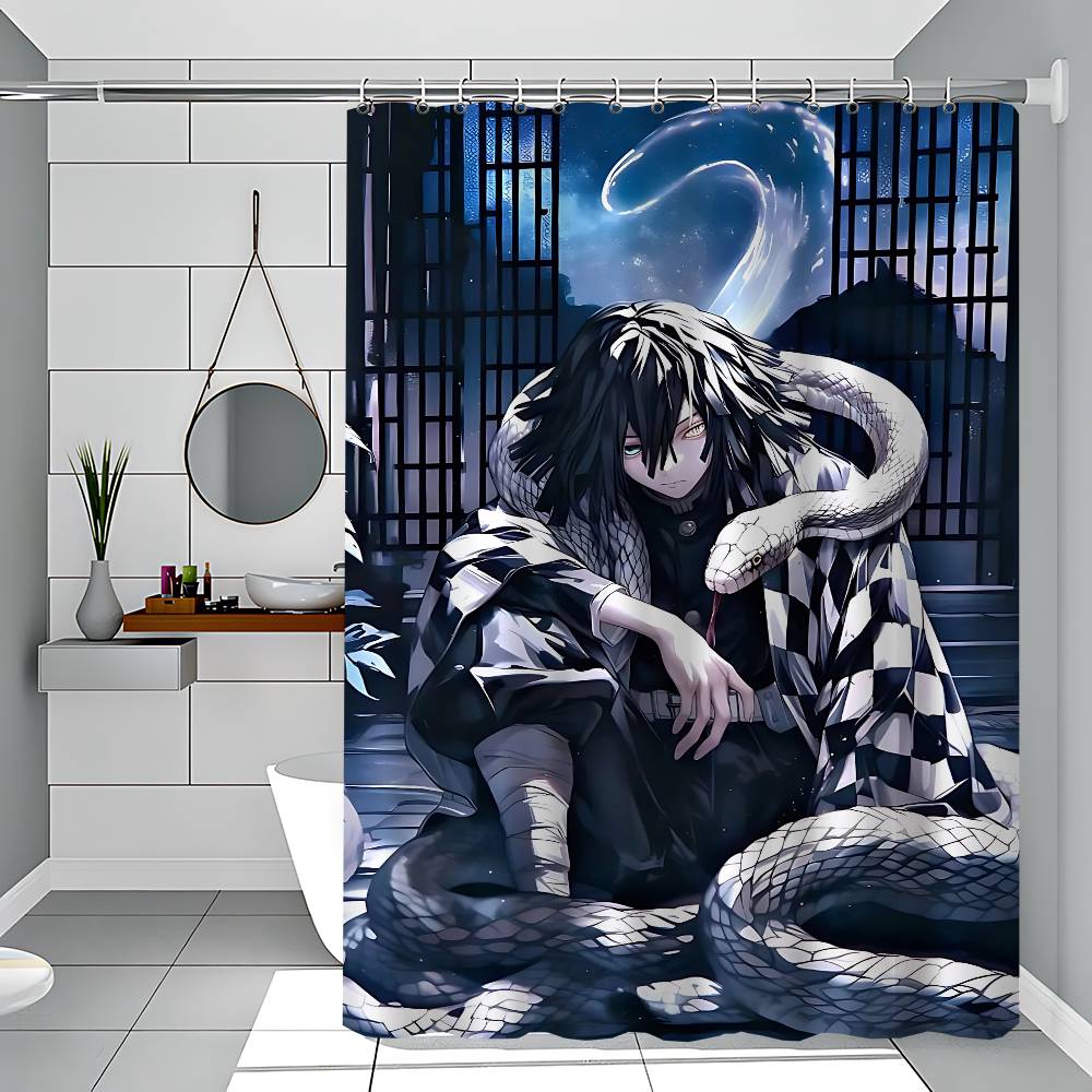 Obanai Iguro Polyester Shower Curtain Waterproof Rust Resistant Grommet Easy Care Wipe Clean Durable