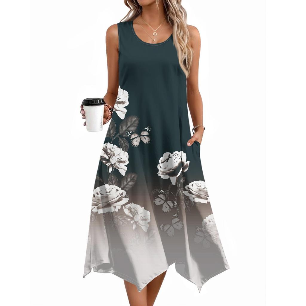 Damen Lässige Ärmellose Sommerkleider Frühling Rundhals Patchwork Boho Floral Rüschen Cocktailparty Midi-Kleid
