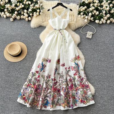 Letné dámske dlhé maxi šaty s krížovou potlačou a špagetovým ramienkom a opaskom