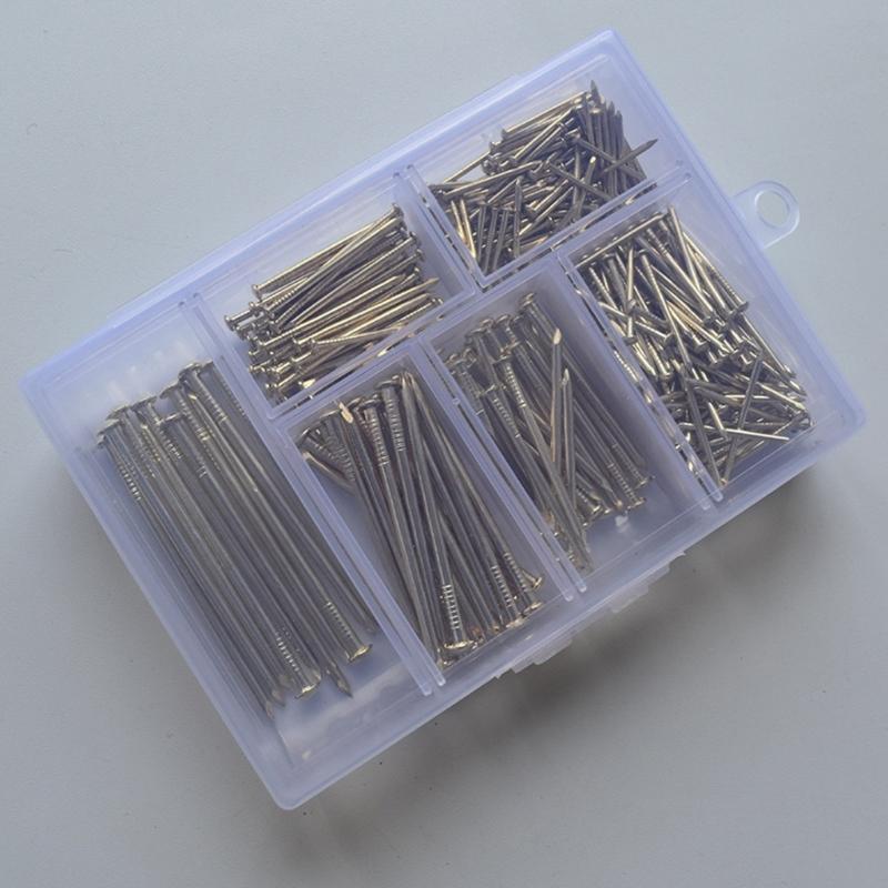 Small Hanging Nails Set for Wall Hanging, 300 Gold Tone Round Head Iron Nails in 6 Lengths with Storage Case for Daily Home Projects