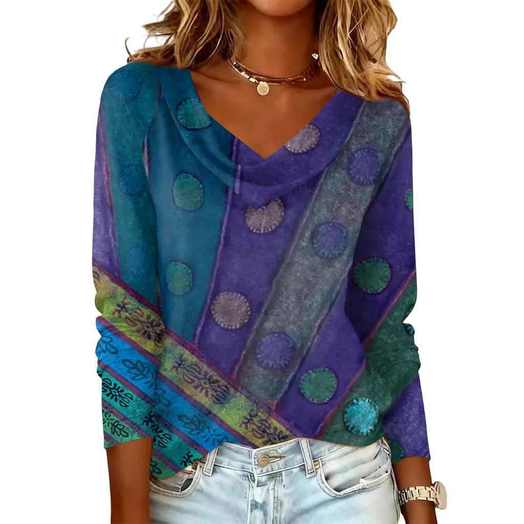 Ladies' Floral Printed Casual And Fashionable Long Sleeved Pullover Top