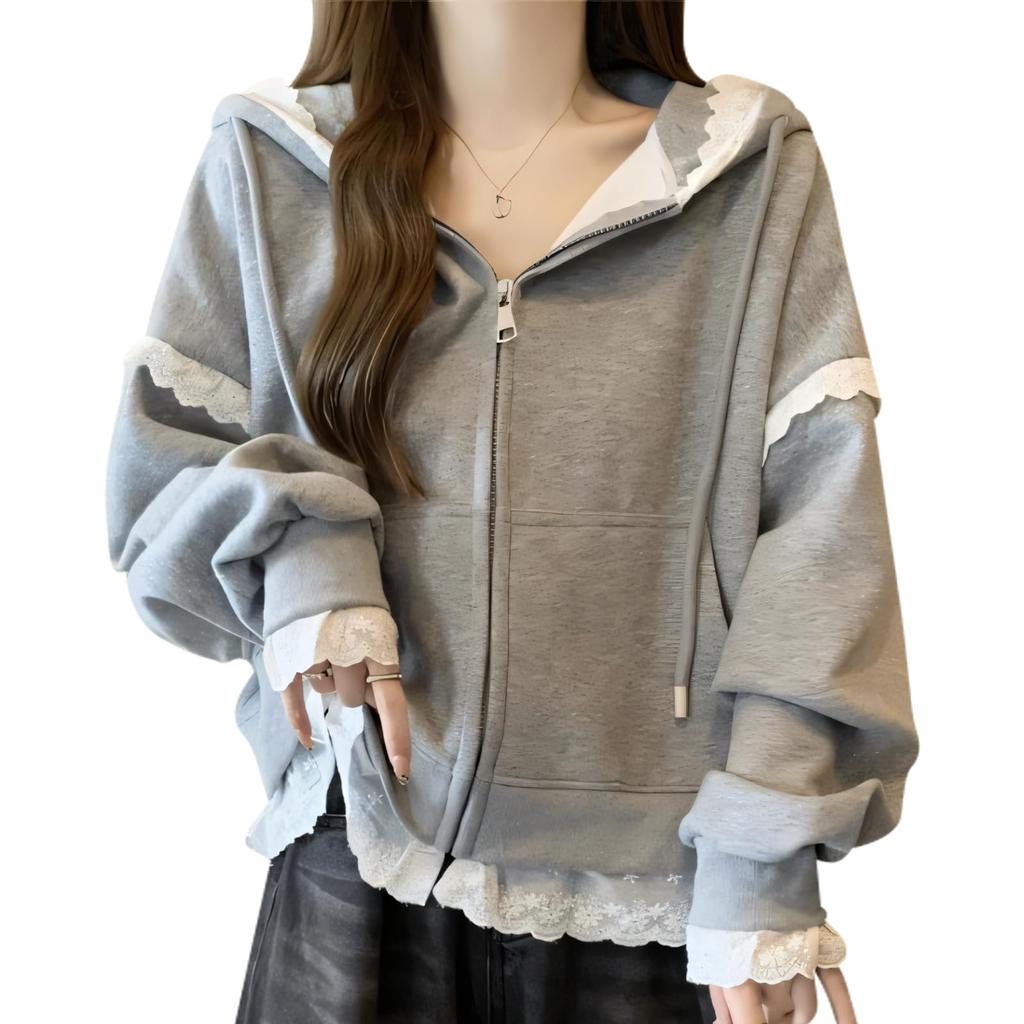 Inotenka Hoodie with Lace Flattering Slimming Loose Plus Long Solid Perfect for and Casual and Winter Women's Zip-Up Trim, Top, Outerwear, Fit, Cute,