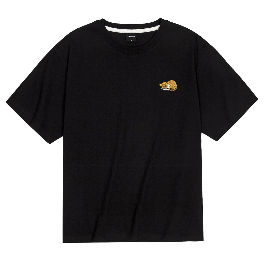 OKSTAR Cool Cotton Oversized Sleepy Cheese Cat Embroidered Short Sleeve Tee