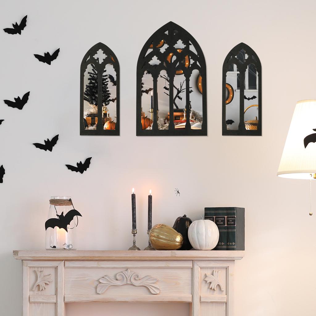 3Pcs Arched Window Wall Mirror Set Gothic Wall Mirror Decor Cathedral Arched Mirror Decor Self-Adhesive Arched Wall Mirror