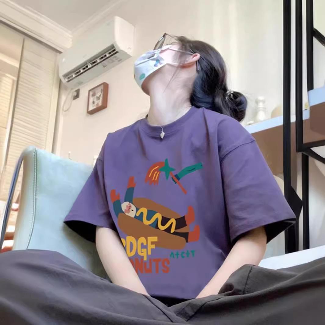 

Женская футболка большого размера в стиле ретро, фиолетовая, с коротким рукавом - Свободный крой, Нишевый тяжелый дизайн для лета M (80-100 jin) фиолетовый/виноградный