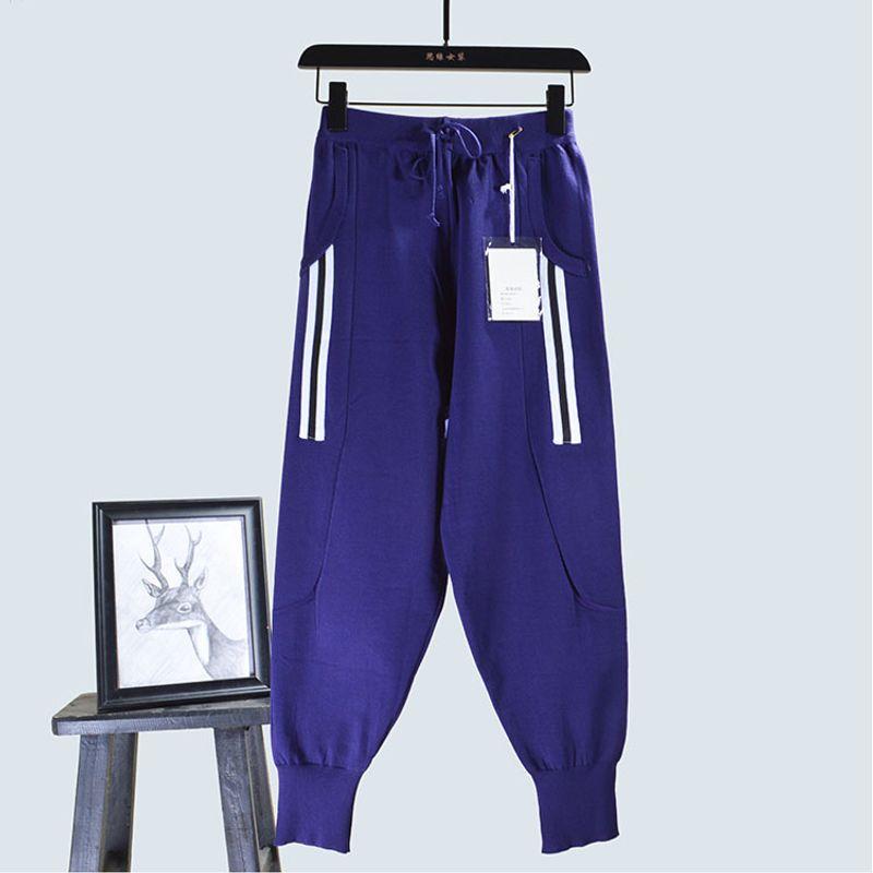 

Summer Fall Women s Clothing Sports Style New Arrival Slimming Slim Fit Ankle Banded Pants Easiest for Match Knitting White Stripes without Pockets Violet One size