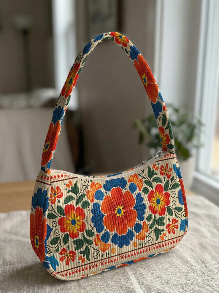 Trendy Mexican Folk Floral Print Shoulder Bag, Corduroy Underarm Bag for Daily Casual Use