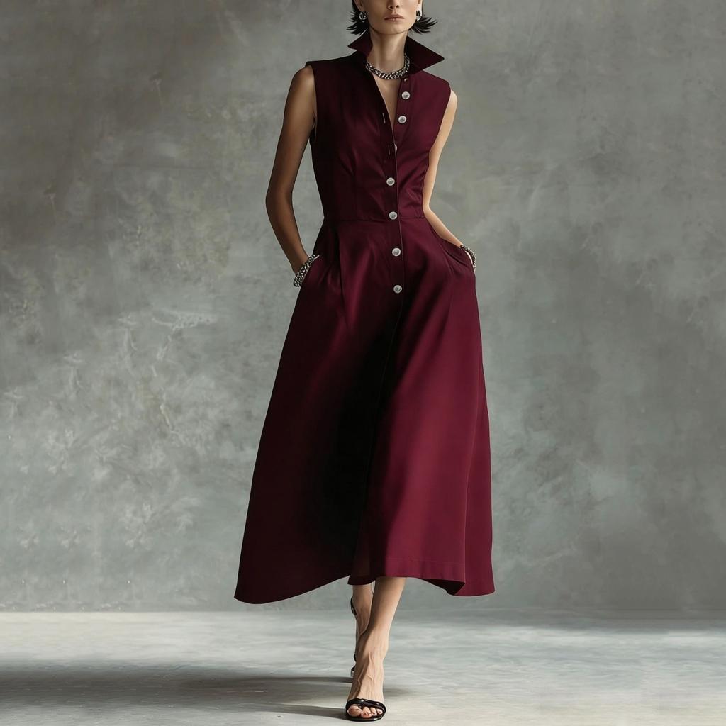 Women's Fashionable Sleeveless Linen Casual Button-Down Dress