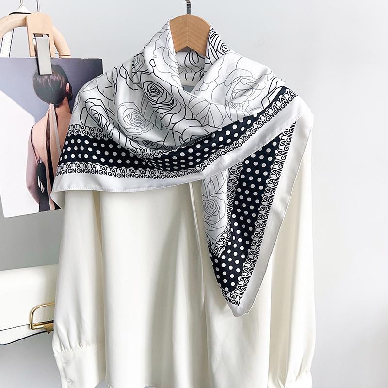1116 New Camellia Print Silk Scarf, Summer Thin High-End Korean Fashion Chest Wrap Square Scarf and Headscarf Decoration