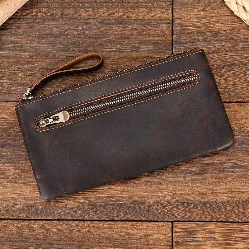 Crazy Horse Leather Zipper Wallet Simple Style Coin Purse With Key Chain For Car Key Purse Genuine Leather Men Women Coin Bag