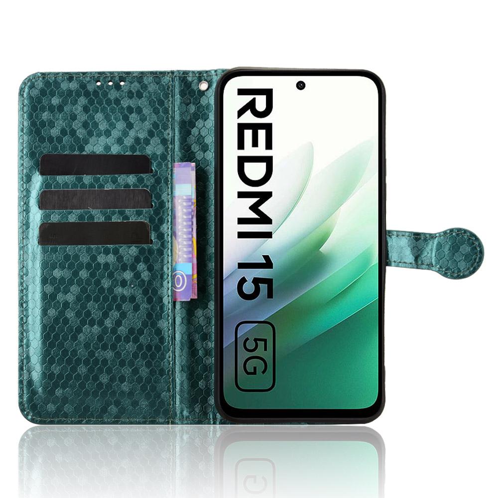 For Xiaomi Redmi 15 5G (Global) (169mm) Wallet Case Dot Pattern Imprint PU Leather Phone Cover with Wrist Strap