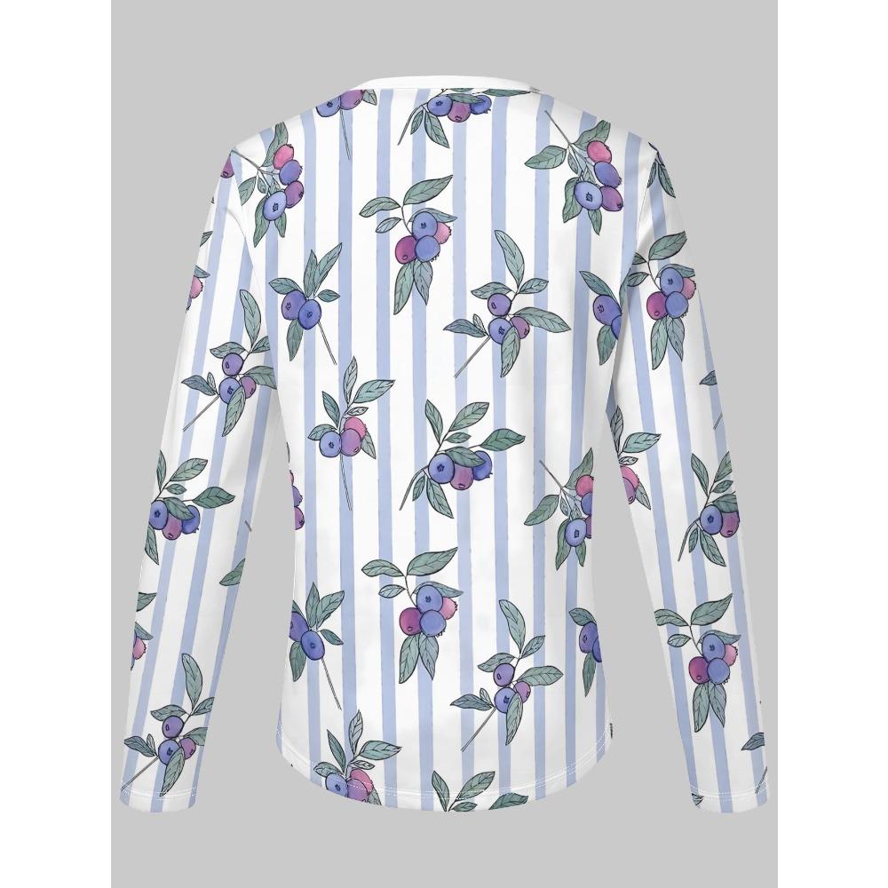 Spring and Autumn Ladies Half Zipper Long Sleeve T-Shirt Blue Purple Berry Stripe Printing, Daily Casual