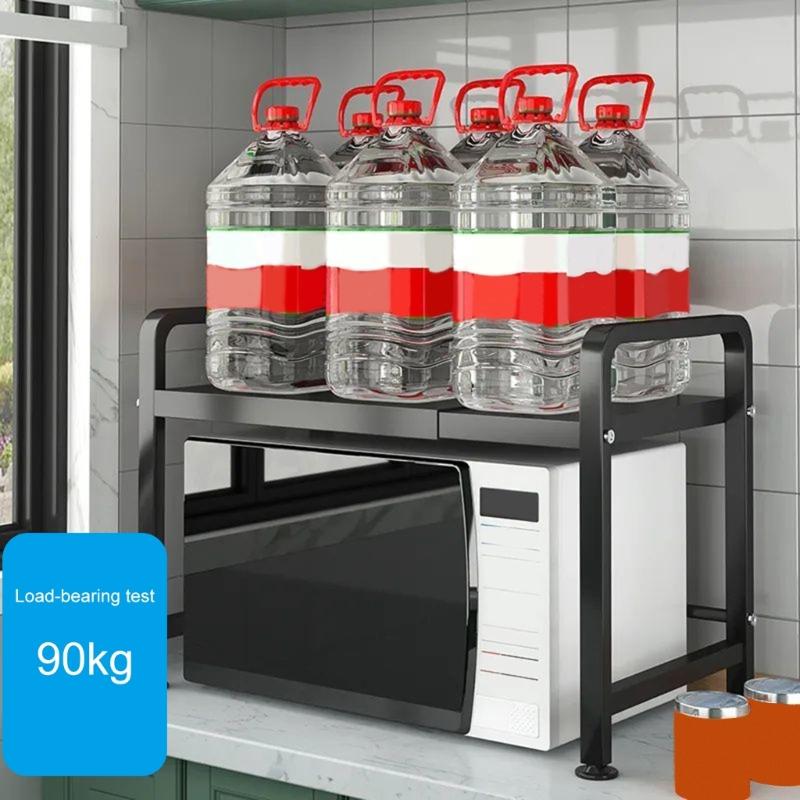 Adjustable Microwave Oven Rack with Hanging Hooks Sturdy Kitchen Counter Storage Portable Carbon Steel Storage Rack