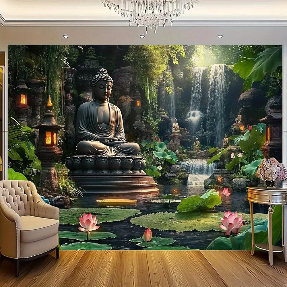 Grande arazzo da parete piatto 2D Buddha per meditazione Zen da giardino, ispirazione thailandese per fondo di stagno e cascata con statue di Buddha, fo