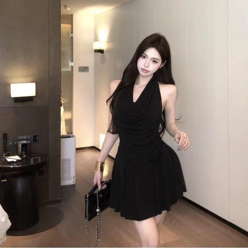Splicing lace fake two-piece swinging collar neck dress women's summer slim waist skirt pure desire wind a word short skirt