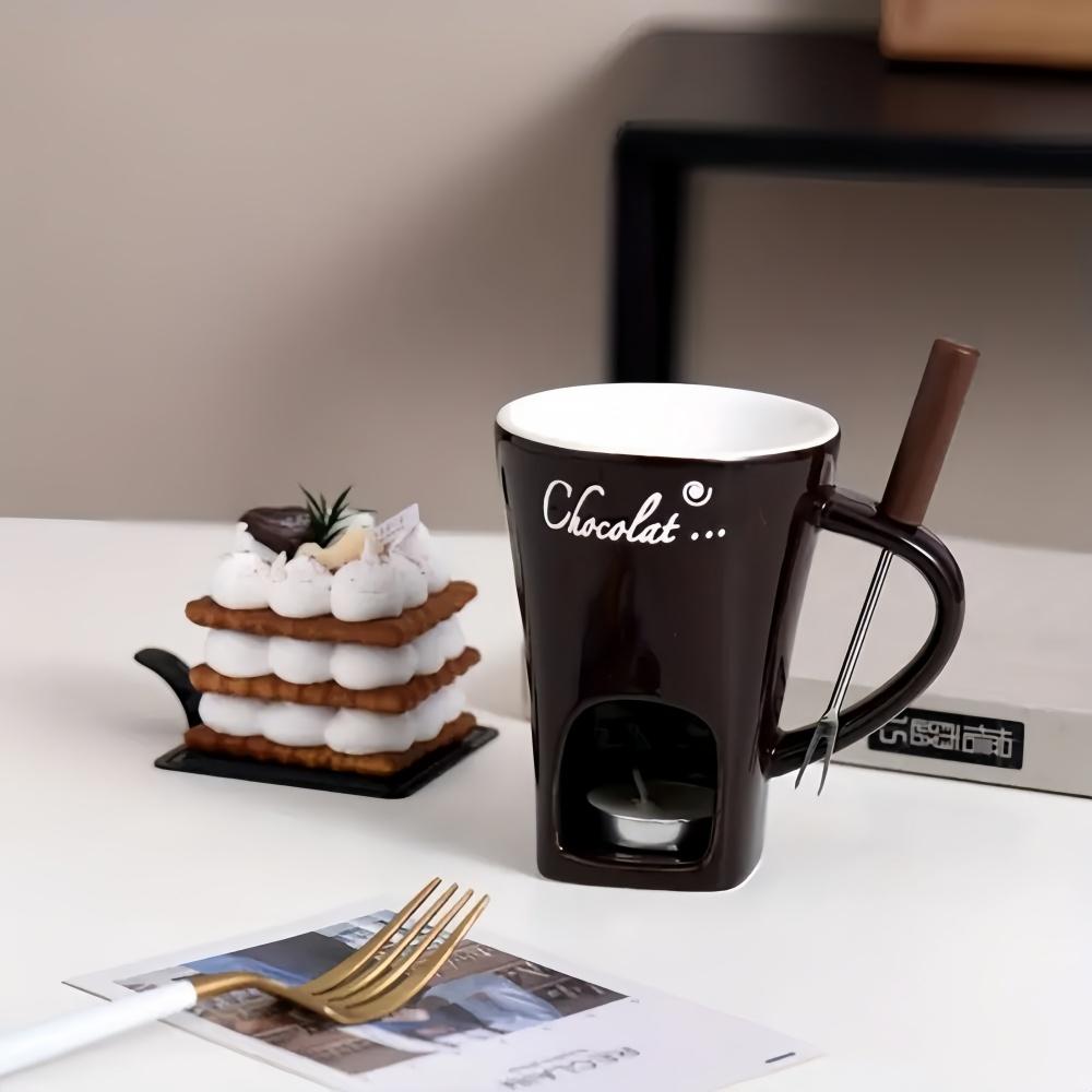 Hot Sale 2 Pcs Ceramic Chocolate Fondue Cups | Valentine's Day Ice Cream Cheese Melting Bowls | Reusable with Forks
