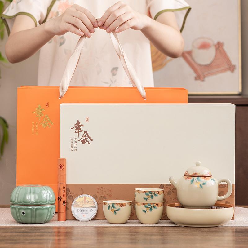 Ru kiln kung fu tea set gift box set teapot cover bowl incense burner high-end club leader business souvenir