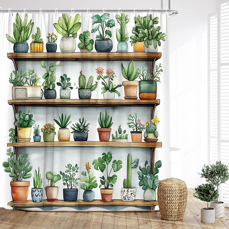 

Green Plants Shower Curtain Tropical Plant Bonsai Rabbit Cactus Bath Curtains Polyester Fabric Home Bathroom Decor With Hooks 90x180cm-35x70in