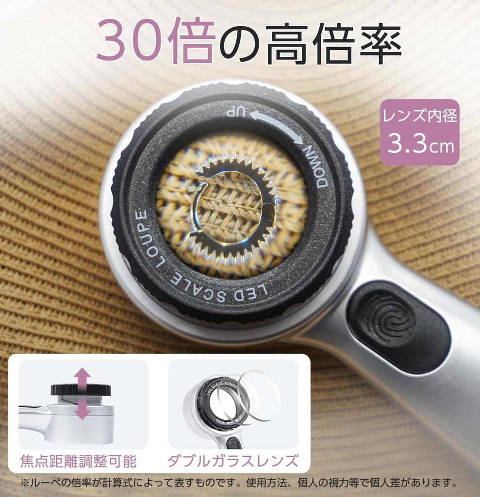 ZenCT Handheld Magnifying Glass, 30x Magnification, 3.3cm Diameter Lens, Jewelry Loupe with UV Light, 4 Color Temperature LEDs, Adjustable Focal