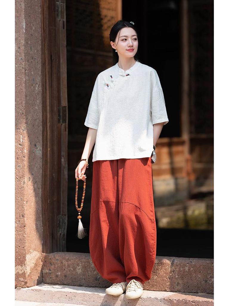 Women’s Retro Chinese Style Short Sleeve Stand Collar Shirt with Frog Button, Loose Ramie Sand-Washed T-shirt – 2024 Spring/Summer Collection