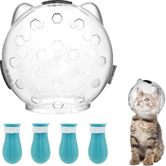 Cat Muzzle, Cat Mouth Cover for Grooming with 4 Silicone Paw Shoes, Cat Anti Bite Helmet, Silicone Claw Covers, Cat Breathable Hood for Cats Bathing