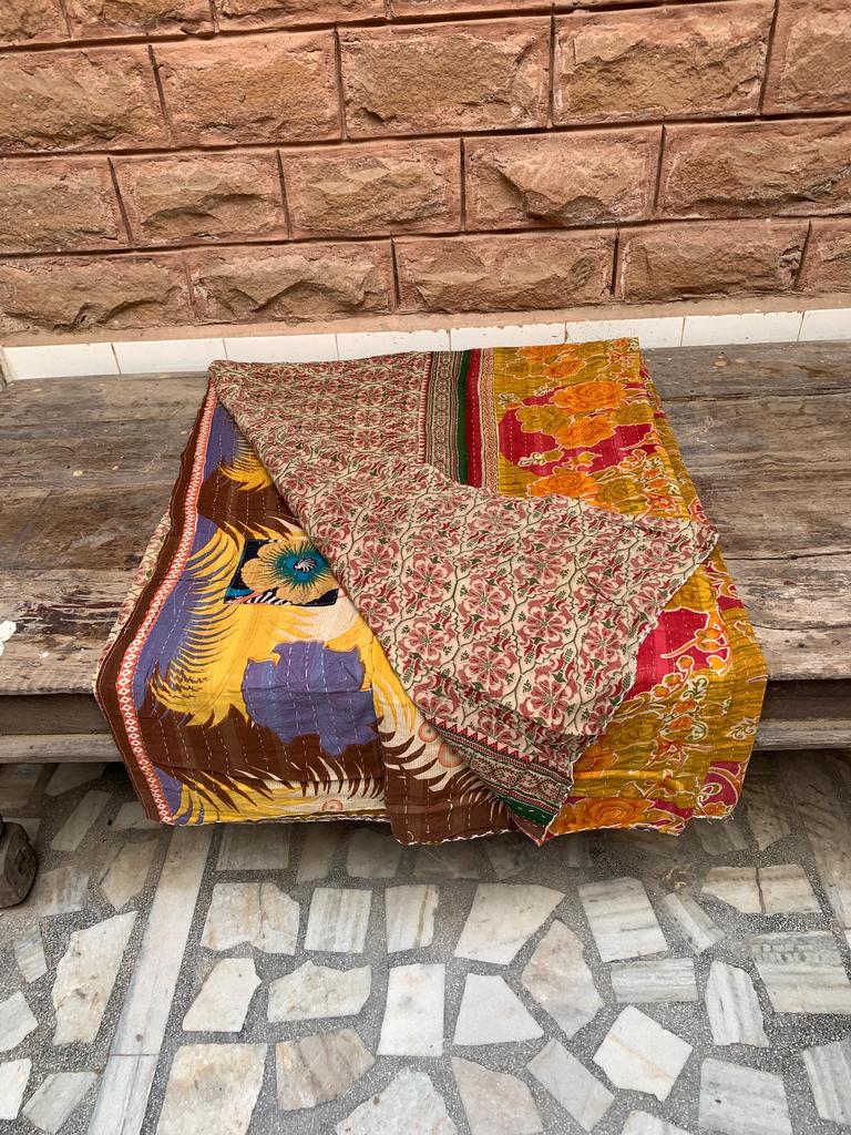 Indian Patchwork Kantha Blanket Handmade Quilt 100% Cotton Reversible Blanket Throw Bed Spread