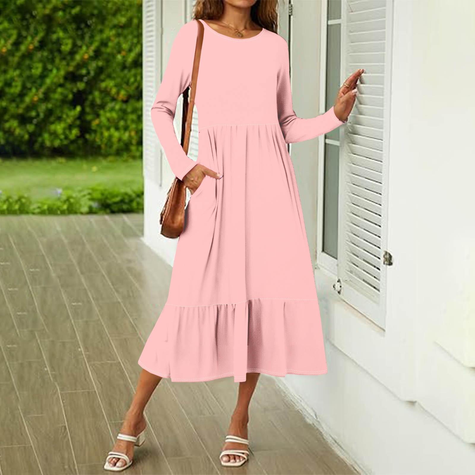 

Женские однотонные повседневные платья весна-осень с карманами и круглым вырезом с длинным рукавом XXL розовый