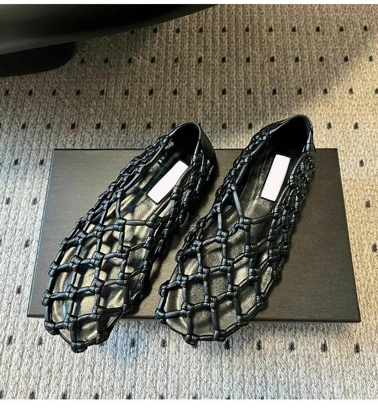 Wersja ze skóry owczej~ 2025 nowe ręcznie tkane buty Mary Jane z wycięciami, okrągłym noskiem, płaską podeszwą, damskie sandały baletki