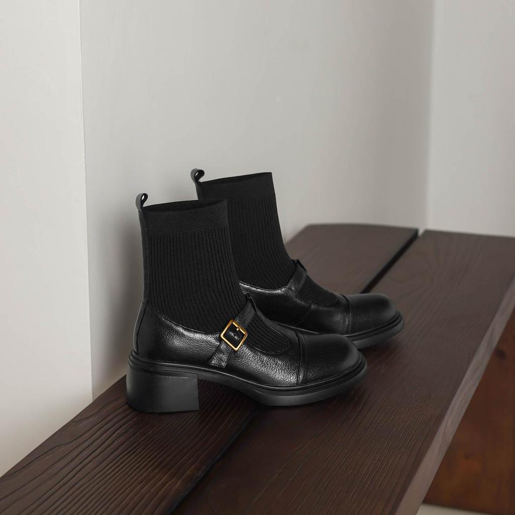 Krazing Pot Cow Skin Round Toe Chunky Heels Stretch Boots Size 42 Women Metal Buckle Knitwear Ankle Boots