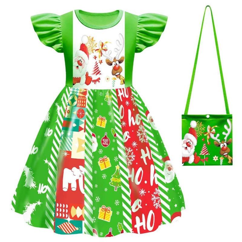 Christmas New Children'S Flying Sleeve Dress 3D Digital Printing Christmas Day Performance Dress