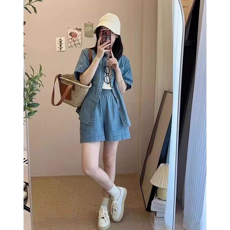Spring/Summer 2026 Youthful Slimming Outfit Set: Petite to Plus-Size Women's Denim Shorts Two-Piece