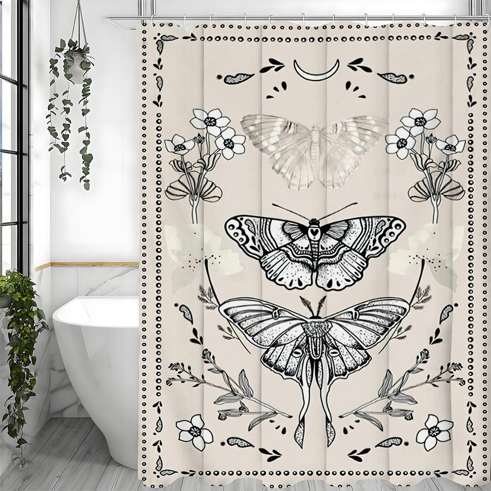 Black and White Moth Butterfly Floral Shower Curtain, Bathroom Decorative Shower Curtain, Waterproof Shower Curtain with Hooks