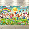 2D Happy Kids Playing with Rainbow Backdrop Party Photo Background Cloth