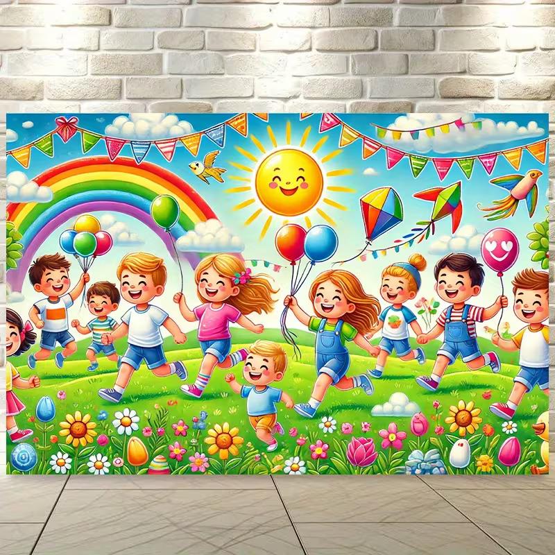 2D Happy Kids Playing with Rainbow Backdrop Party Photo Background Cloth