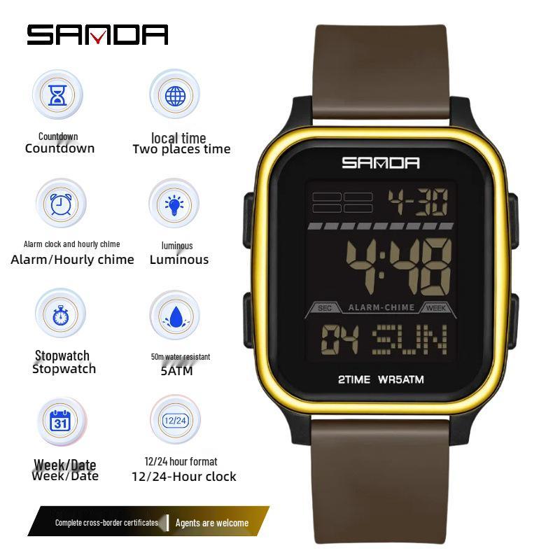 Sanda Large Screen Student Sports Watch: Square, Luminous, Waterproof, Multifunctional Electronic Wristwatch for Men and Women.