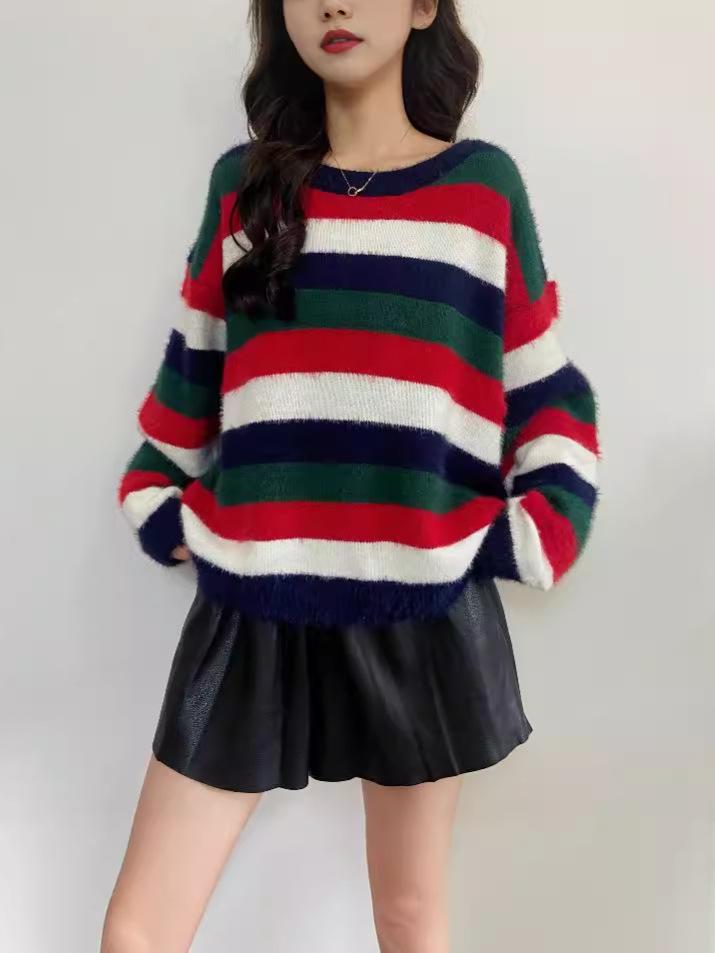 Women's Striped Color Block Knitwear Sweater - Loose, Long Sleeve Pullover Top for Autumn/Winter Versatile Fashion