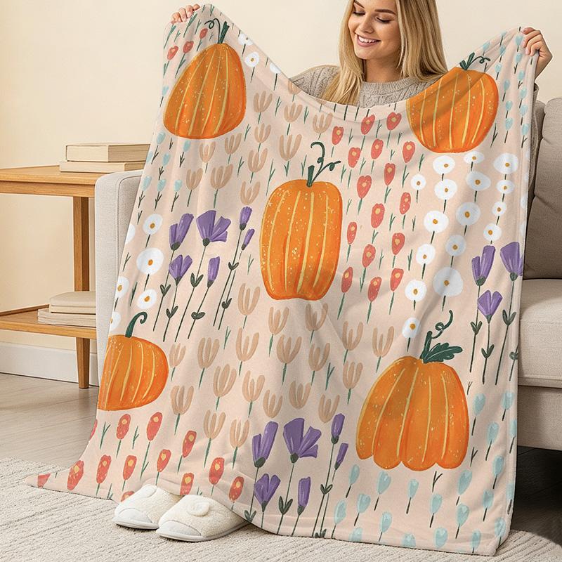 Soft Flannel Blanket Pumpkin Floral, Breathable Lightweight All Seasons Throw, Cozy Warm for Home, Bedroom, Sofa & Office