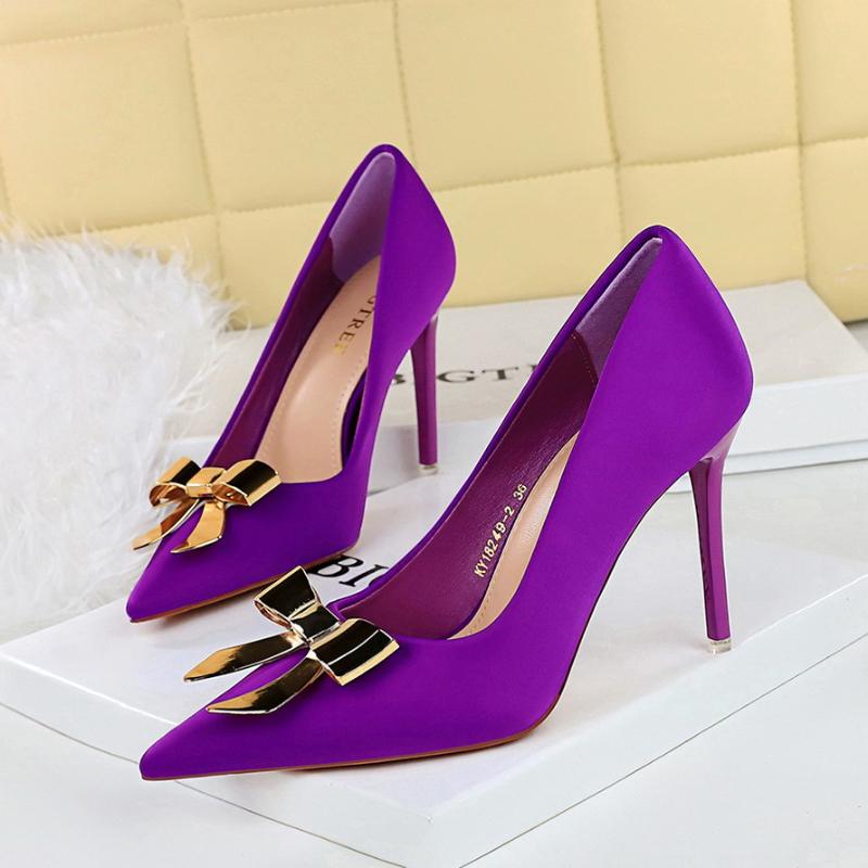 Fashionable Pointed High Heels Metal Bow Thin Heels Single Shoes For Women's Satin Light Mouth Women's Shoes Elegant And Simple