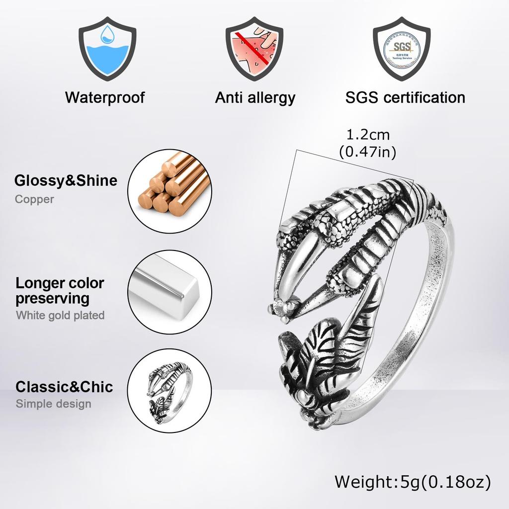 Vnox Vintage Eagle Claw Adjustable Ring for Men, Punk Style Sliver Color Opening Ring, Cool Hip Hop Party Gift, 12mm Wide